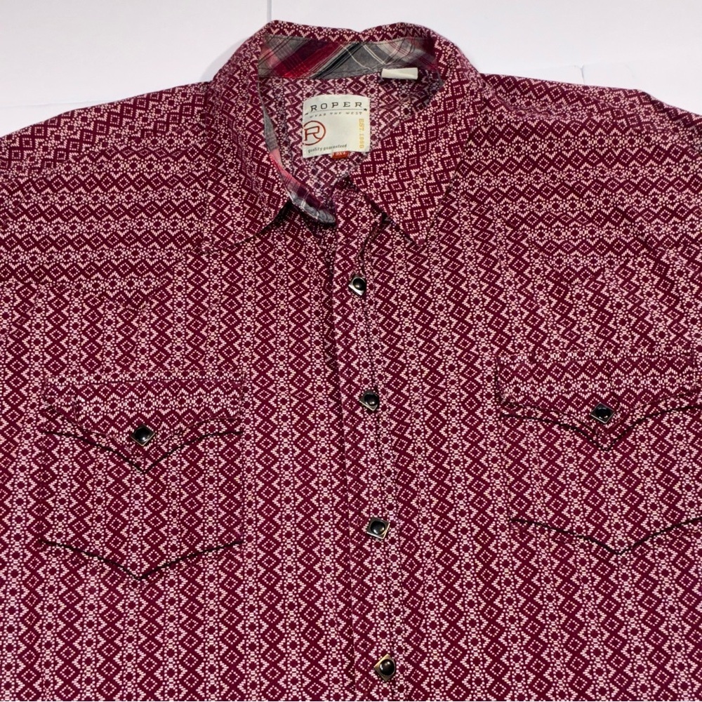 Roper Long Sleeve Shirt Western Diamond Square Snap Up  2XL Wine Maroon Pattern